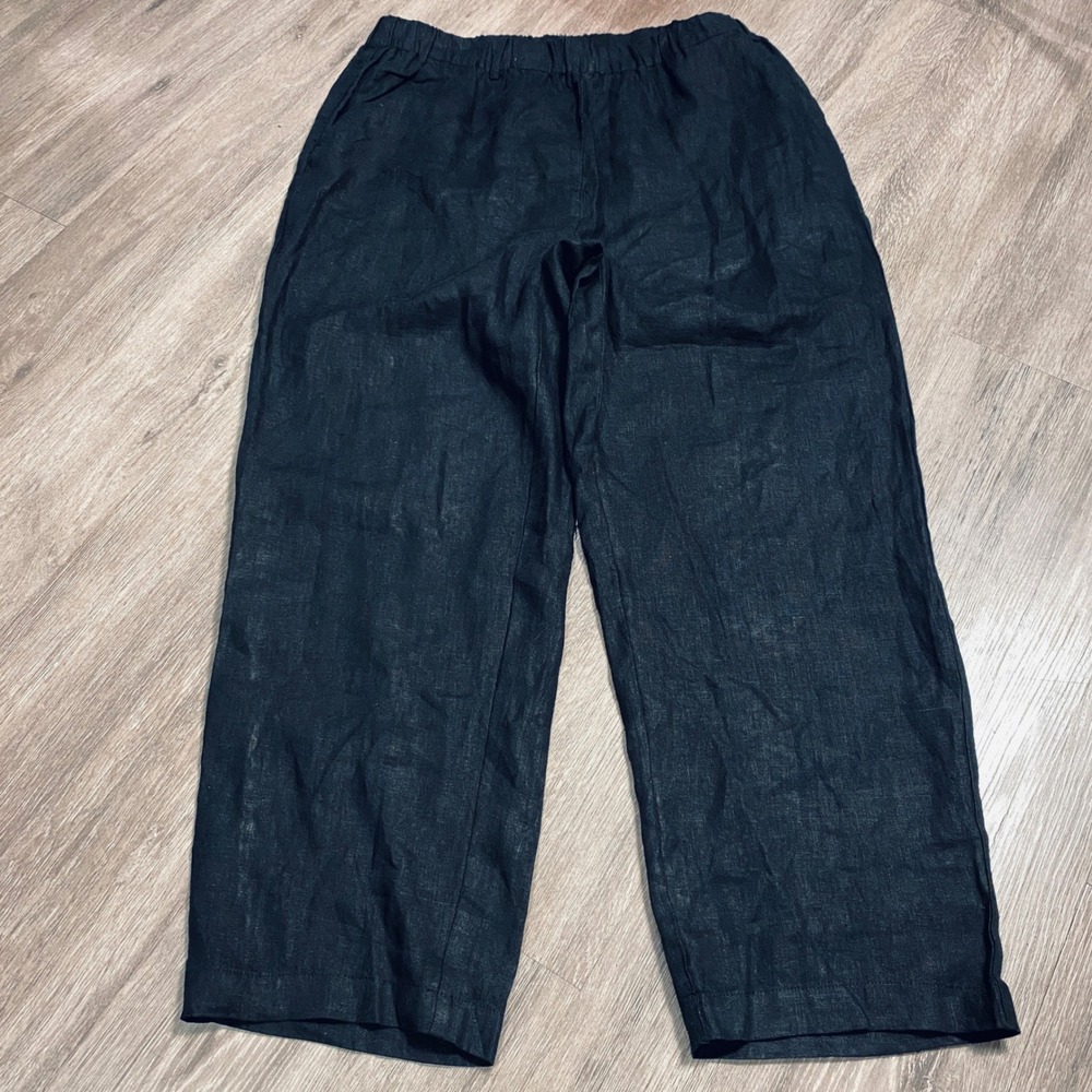 Quince Womens 100% European Linen Wide Leg Pants Black Elastic Waist Large L